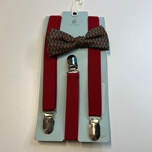 The Class Club Red Suspenders w/ Red & Green Christmas Tree Bow Tie, NWT!